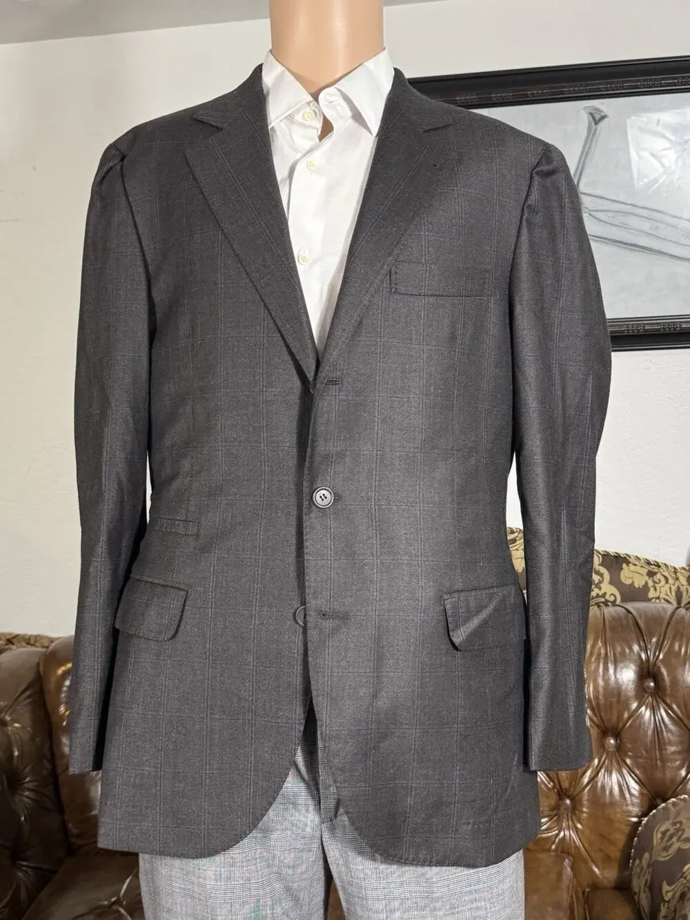 Brunello Cucinelli Virgin Wool Brown Blue Plaid Sportcoat Jacket Men’s 50/40